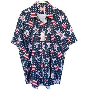 GRTXIN Shirt Mens 2XL Blue Patriotic USA Flag Stars Short Sleeve Button Front